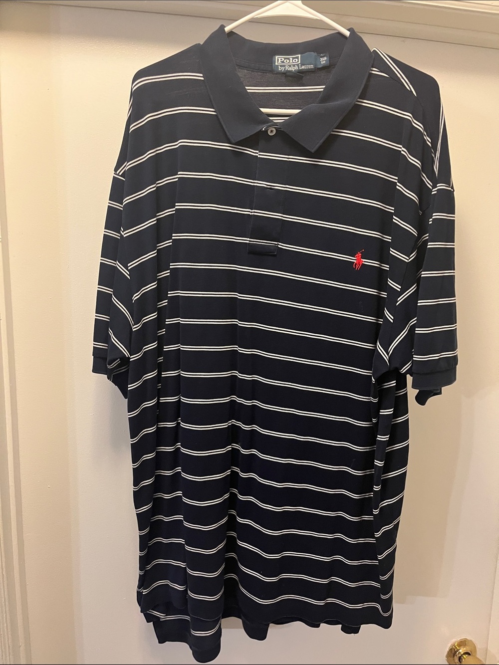Polo by Ralph Lauren Navy and White Striped Polo with Red Pony Logo